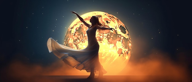 Woman dancing on the background of a large full moon