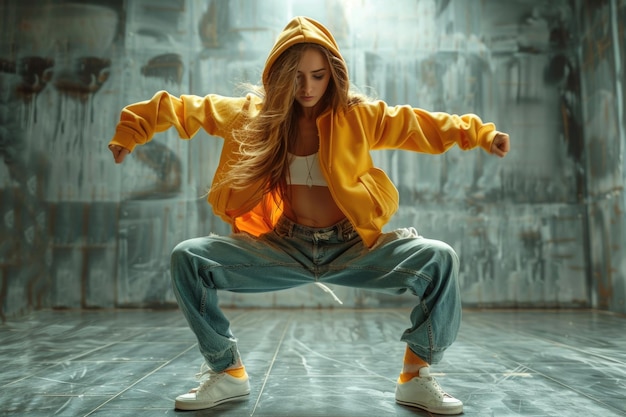 Photo woman dancing breakdance in dancing studio ai generated