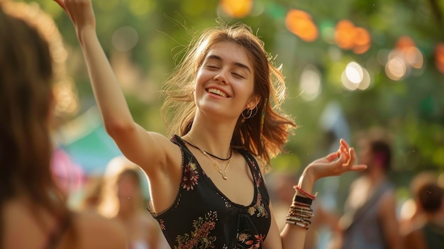 Photo woman dancing at a daytime outdoor festival in high resolution