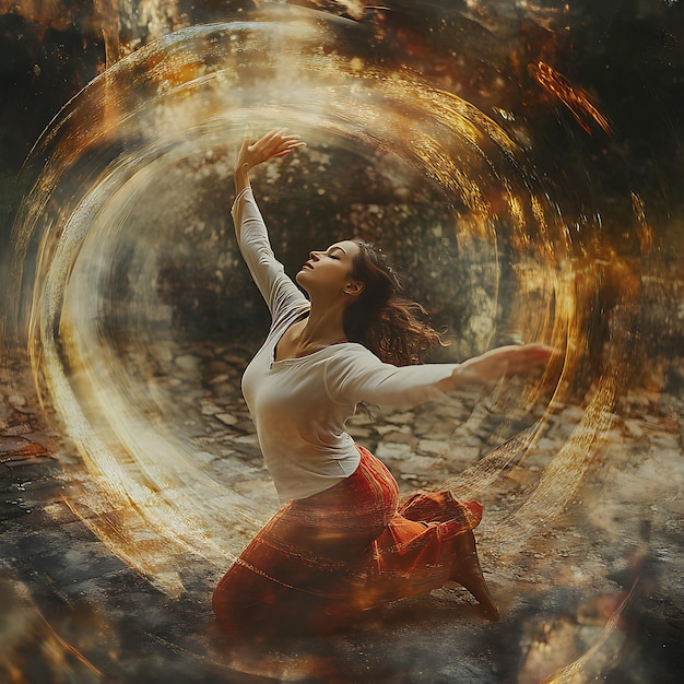 Photo woman dancing in a golden vortex of light