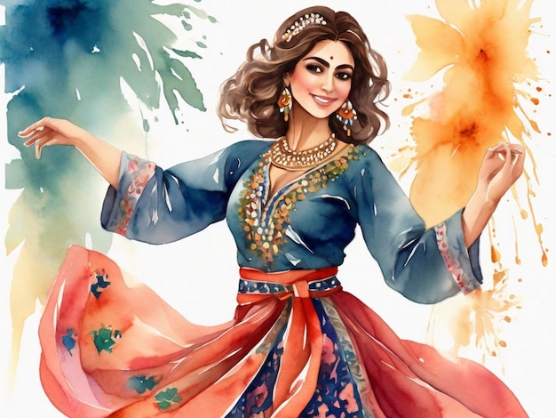 Photo woman dancing in traditional nowruz attire watercolor