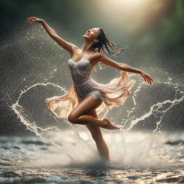 a woman dancing in the water surrounded by splashes illuminated by light