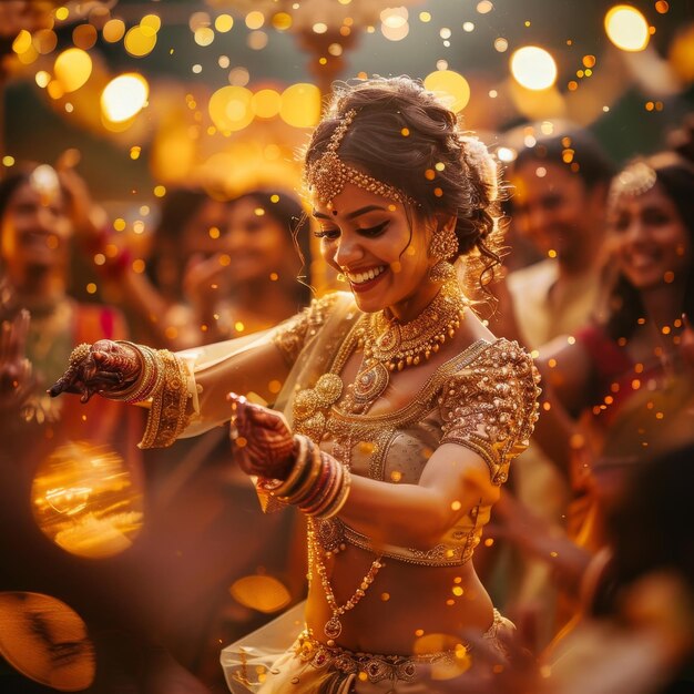 a woman dancing with gold beads and a woman wearing a sari