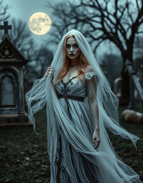 a woman in a dark dress stands in front of a full moon