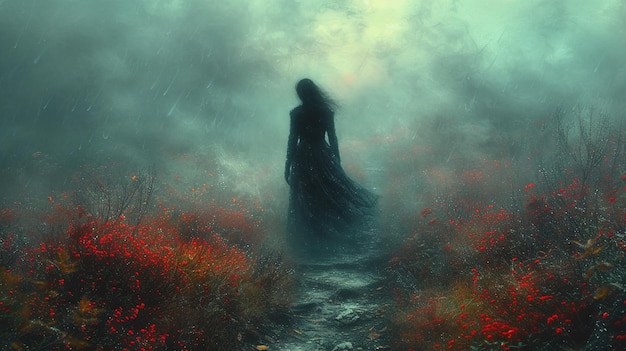 a woman in a dark forest with a dark silhouette in the background