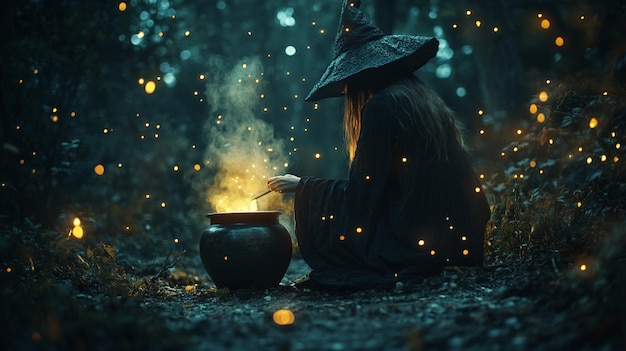 Photo a woman in a dark forest with a pot of fire and a fire