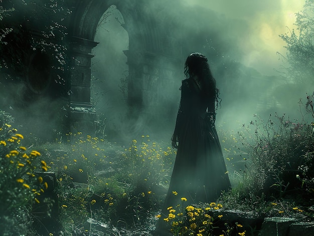 a woman in a dark forest with a silhouette of a woman in a dark cloak