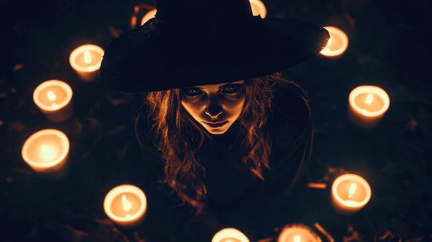 Photo a woman in a dark setting surrounded by glowing candles evoking a mystical atmosphere