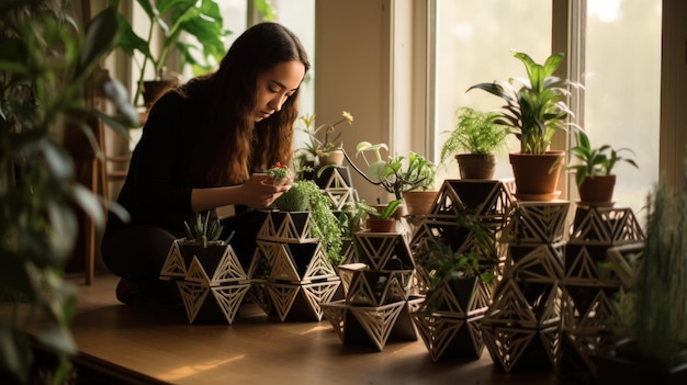 a woman decorates a planter with a potted plant.