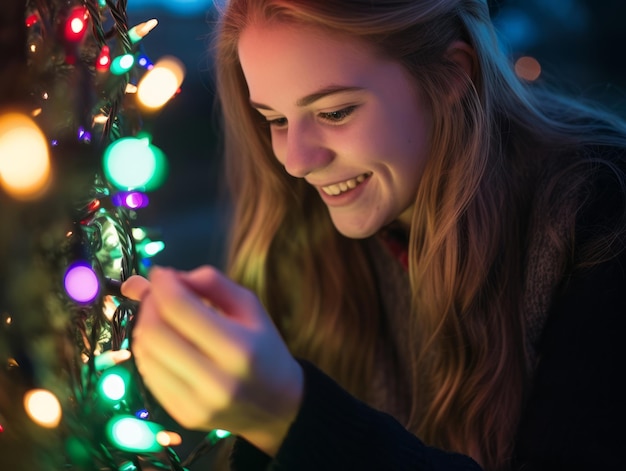 Woman decorating a Christmas tree with ornaments and lights