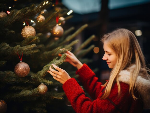 Woman decorating a Christmas tree with ornaments and lights