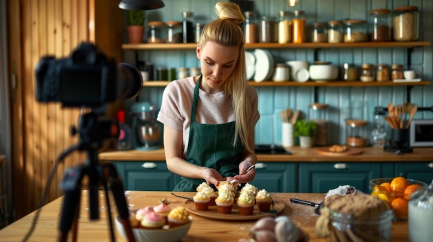 Photo the woman decorating cupcakes