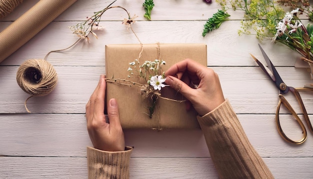 Photo woman decorating gift box with flowers and twine on wooden table