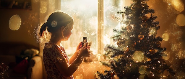 Woman Decorating Tree with Daughter