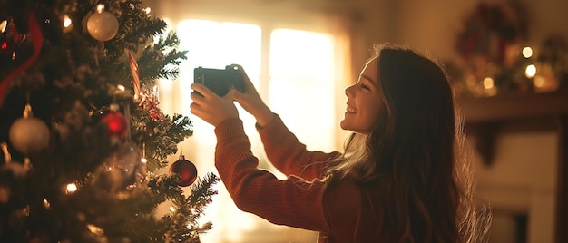 Woman Decorating Tree with Daughter