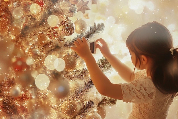 Photo woman decorating tree with daughter