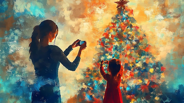 Woman Decorating Tree with Daughter