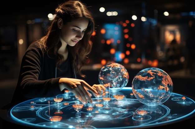 woman demonstrates a holographic sphere presentation of modern biotechnology