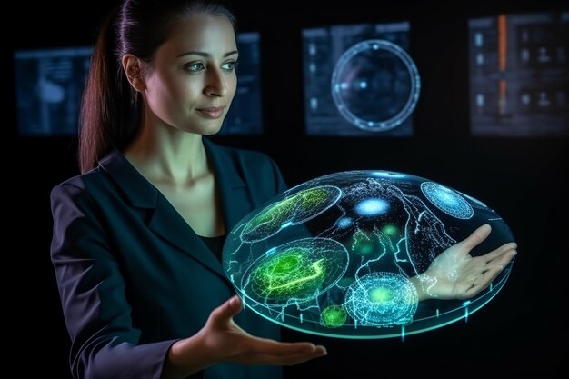 woman demonstrates a holographic sphere presentation of modern biotechnology