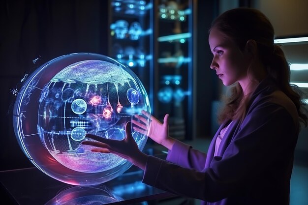 woman demonstrates a holographic sphere presentation of modern biotechnology