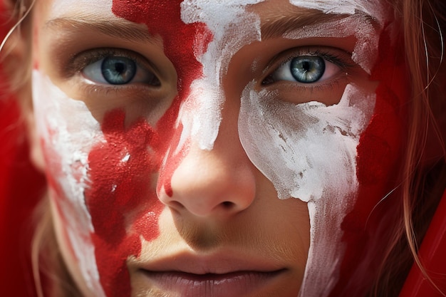 Woman Demonstrating Devotion with Denmark Flag Colors on Her Face