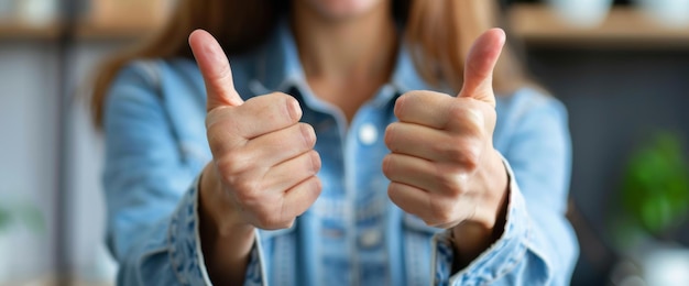 Photo woman in a denim jacket showing a double thumbs up gesture symbolizing approval positivity and satisfaction