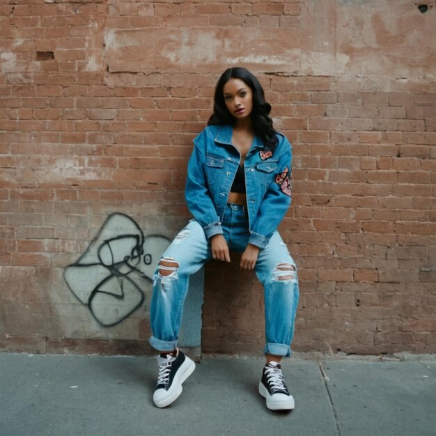 Photo a woman in a denim jacket sits against a brick wall with graffiti on it