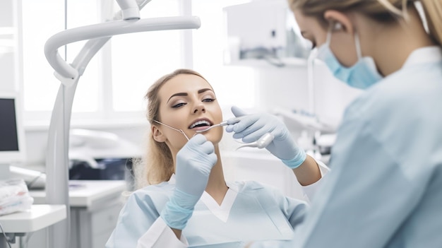 A woman in a dental chair with a dentist in the background