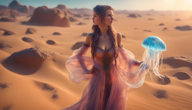 a woman in a desert with a blue mushroom