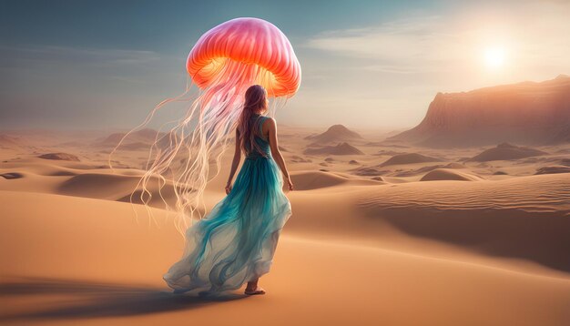 a woman in a desert with a giant octopus on her head