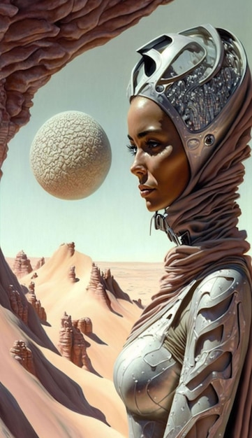 A woman in a desert with a planet on her head