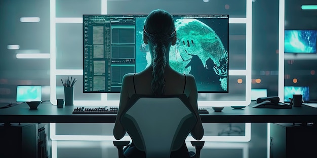 Woman in a desk office using a computer AI Generated