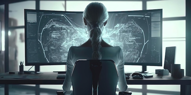 Woman in a desk office using a computer AI Generated