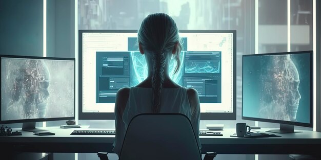 Woman in a desk office using a computer AI Generated