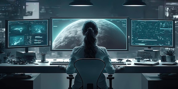 Woman in a desk office using a computer AI Generated