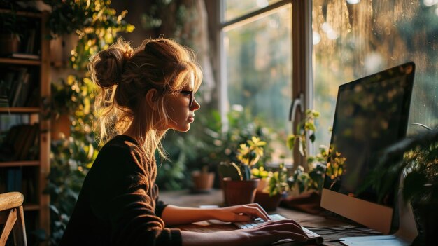 Woman at Desk Working on Computer