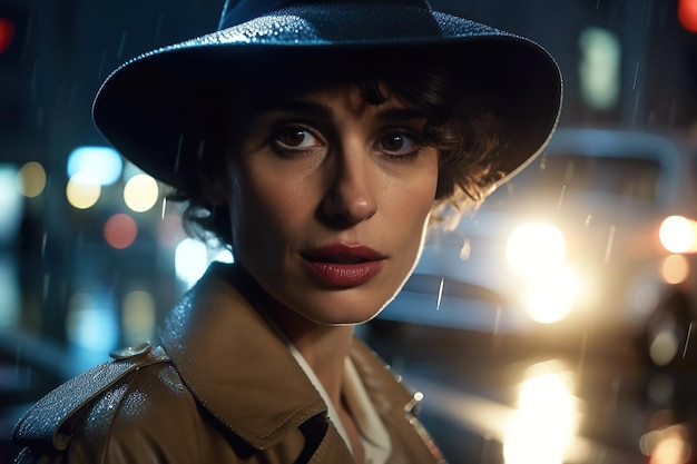 Woman detective in hat and coat on night street in rain Generative AI