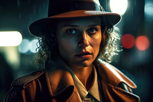 Woman detective in hat and coat on night street in rain Generative AI