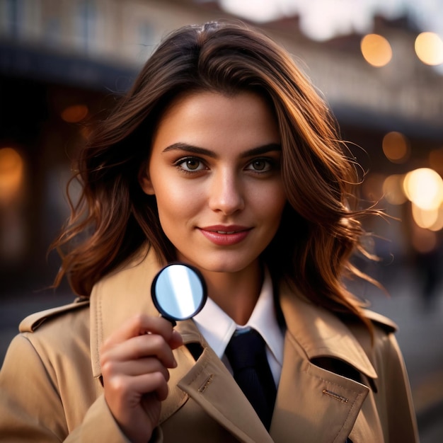 woman detective in trench coat with magnifying glass smiling