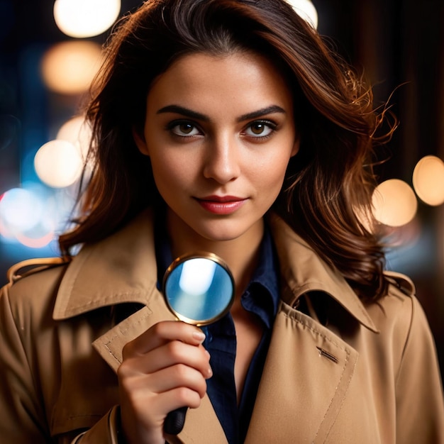 woman detective in trench coat with magnifying glass smiling