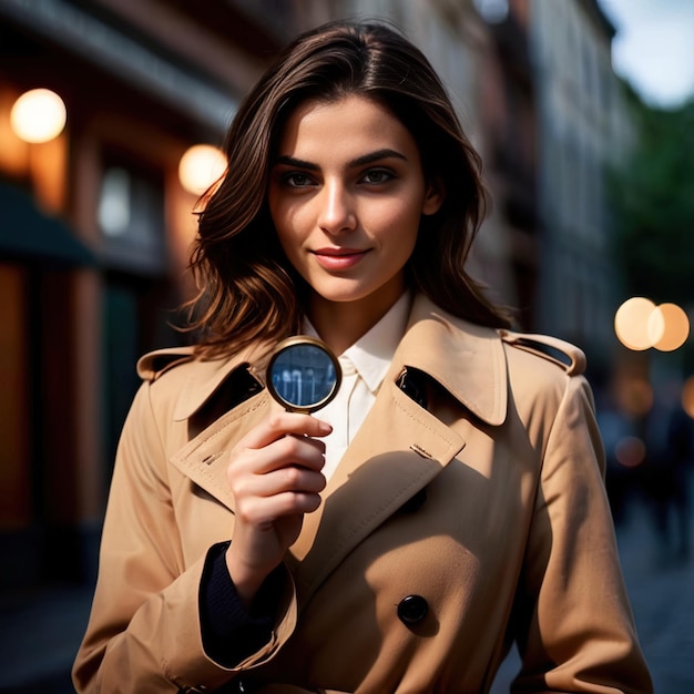 woman detective in trench coat with magnifying glass smiling