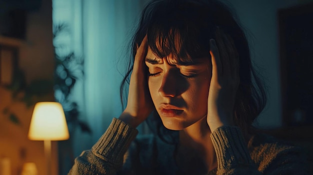 Photo woman in a dimly lit room holding her head in pain representing headaches