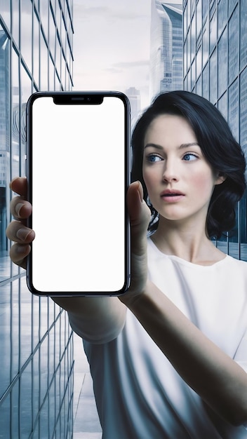 Photo woman displaying smartphone with blank white screen