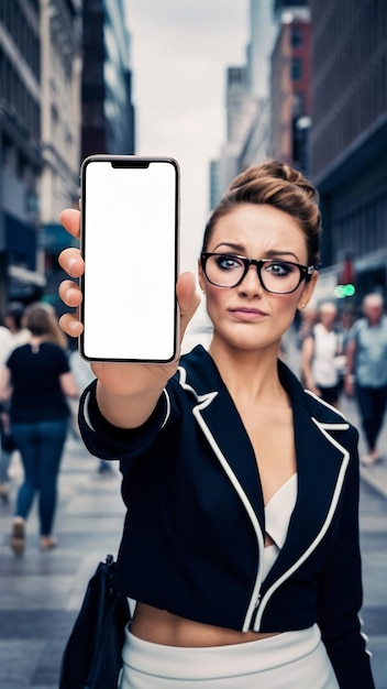 Photo woman displaying smartphone with blank white screen