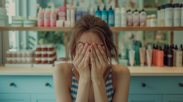 Woman distressed facial expressions stressed tired overwhelmed Irritated woman sitting with Hands Covering Her Face environment and decor in beauty salon