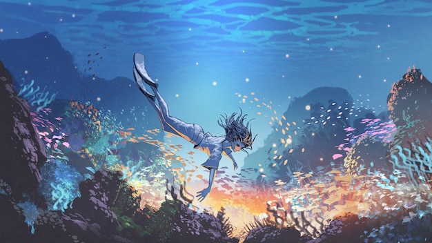 woman dive underwater to see a mysterious light under the sea, digital art style, illustration painting