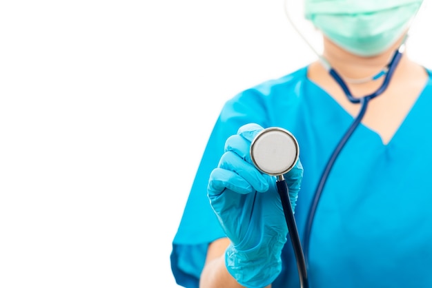 Woman doctor in blue uniform holding stethoscope and show to camera