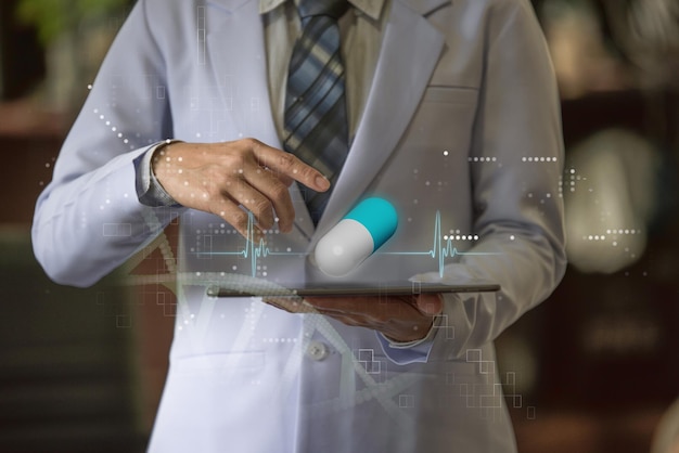 Woman doctor holding smart device with holographic