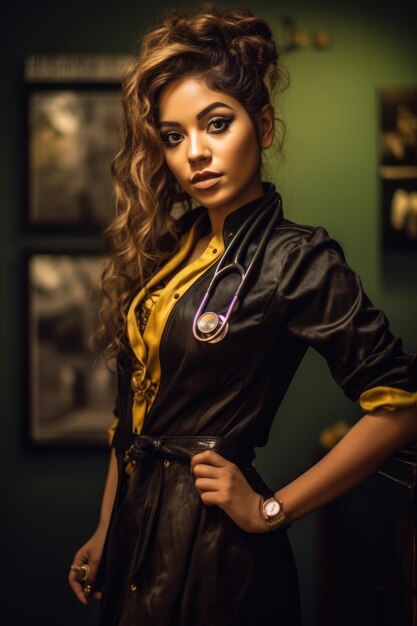 A woman in a doctor's uniform stands in front of a wall with framed pictures.