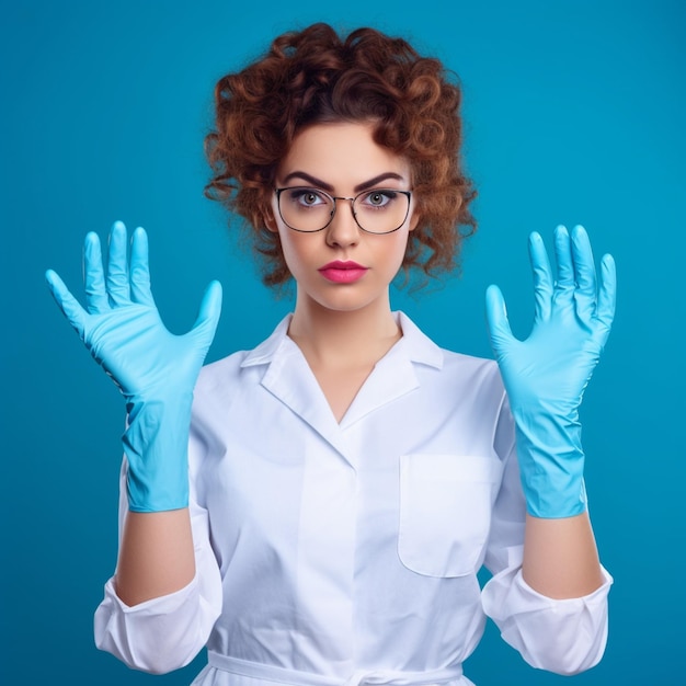 Woman doctor wears medical gloves over blue background